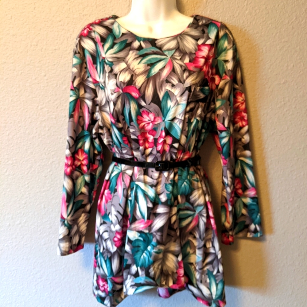 😎SALE😎 Vtg. M.C.S. Ltd NY Top Tunic Floral Long Sleeve Blouse 80s Sz. 16